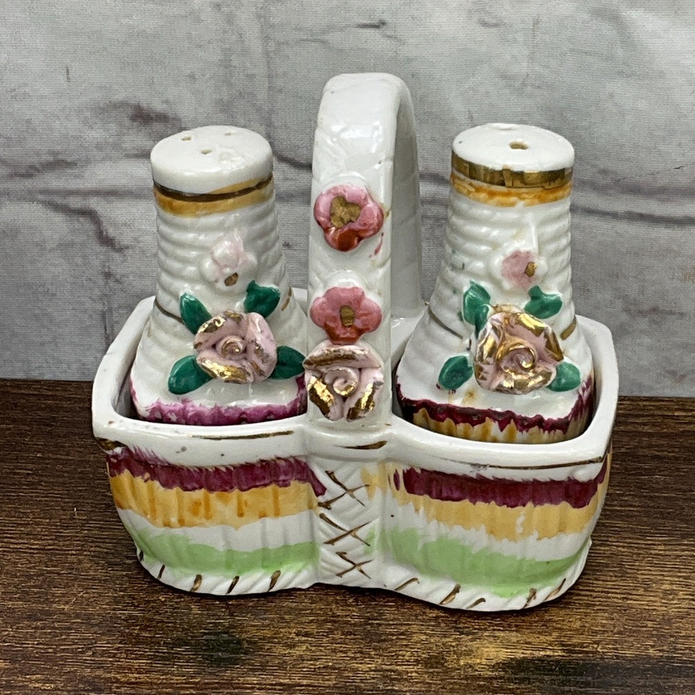 Salt & Pepper Shaker Basket Pink & Gold FLowers / Vintage Japan 1950's Ceramic